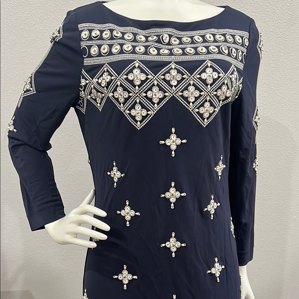 Tory Burch Navy Dress with Intricate White Embellishments